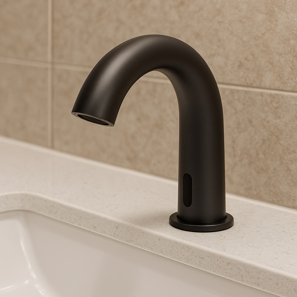 Close-up of a commercial touchless faucet integrated with coordinated bathroom fixtures